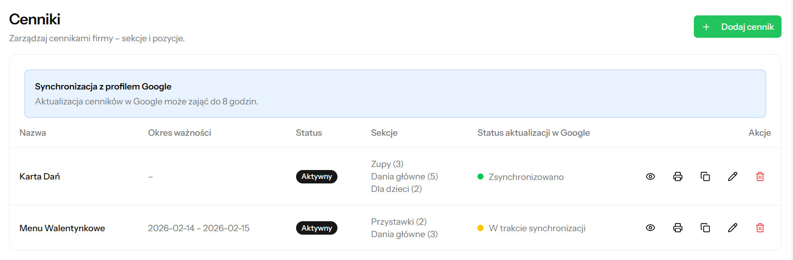 Panel zarządzania cennikami w Servano