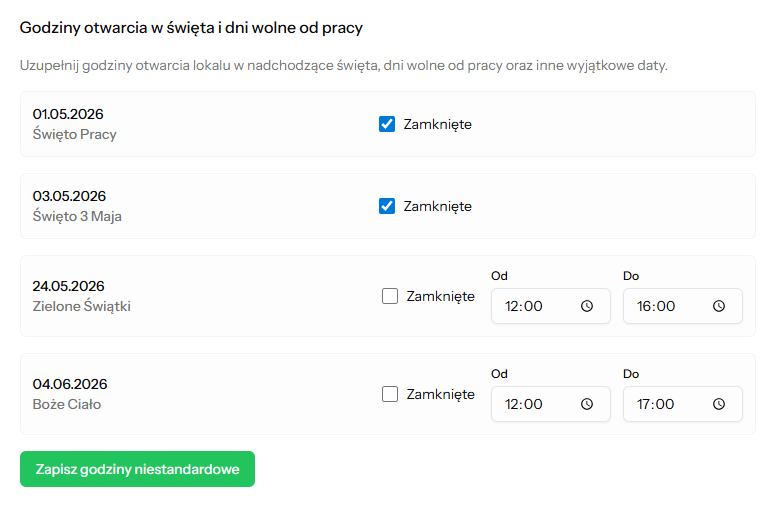 Specjalne godziny otwarcia — święta i wyjątkowe dni